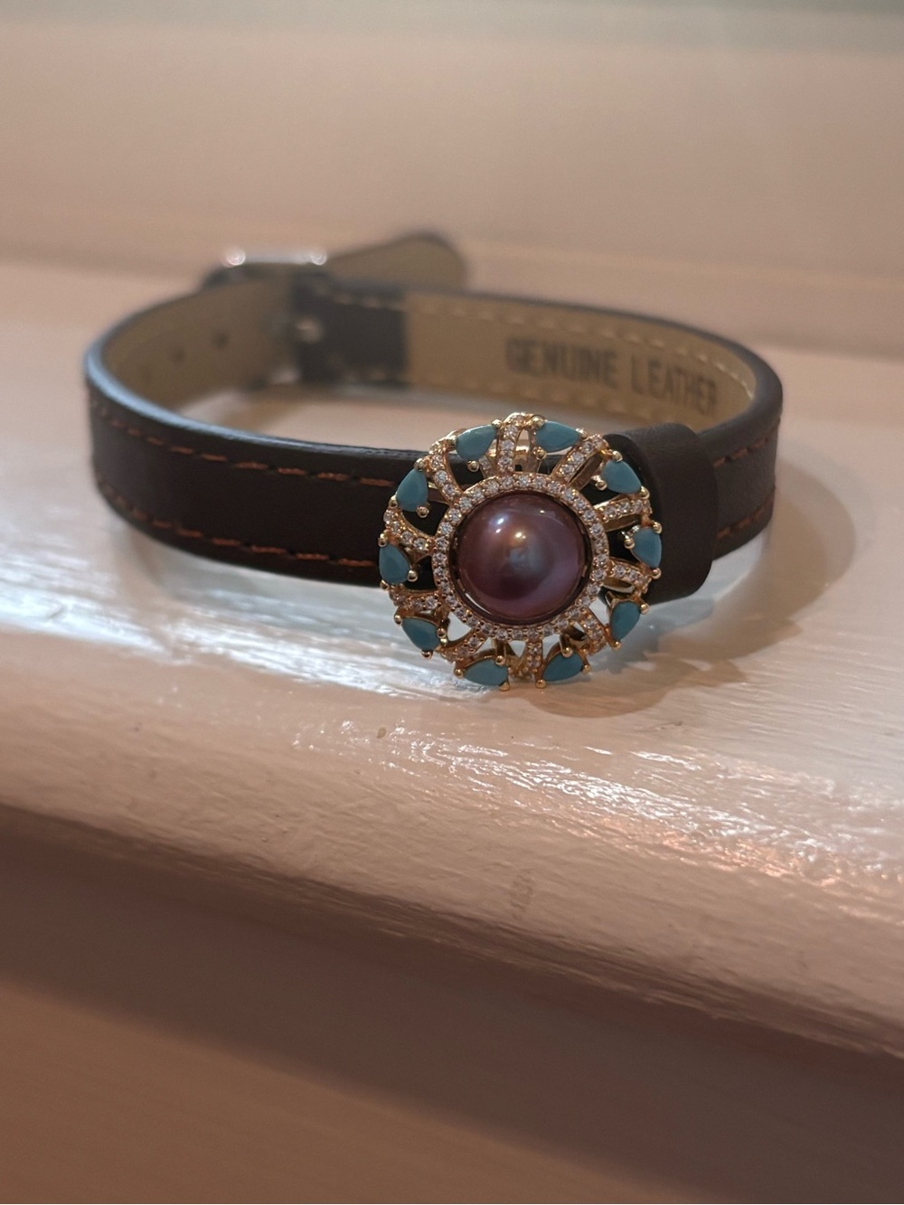 Leather Bracelet with Turquoise Accents and Purple Pearl Center